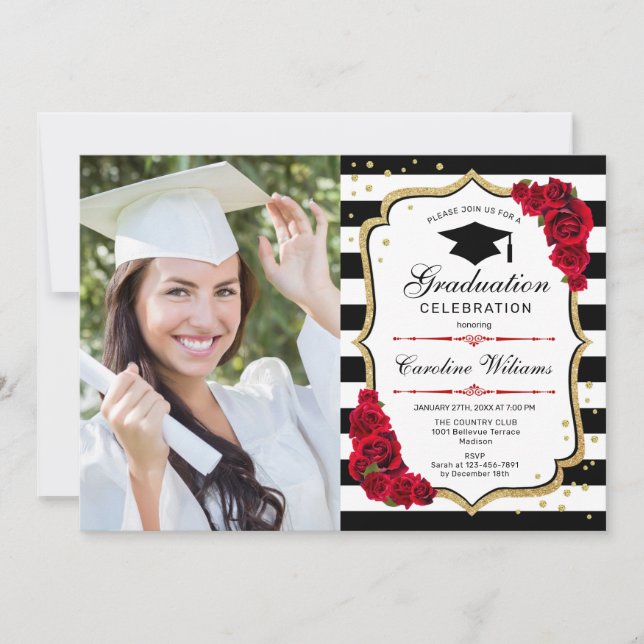 Invitation Graduation Party avec photo - Gold Red Black (Devant)