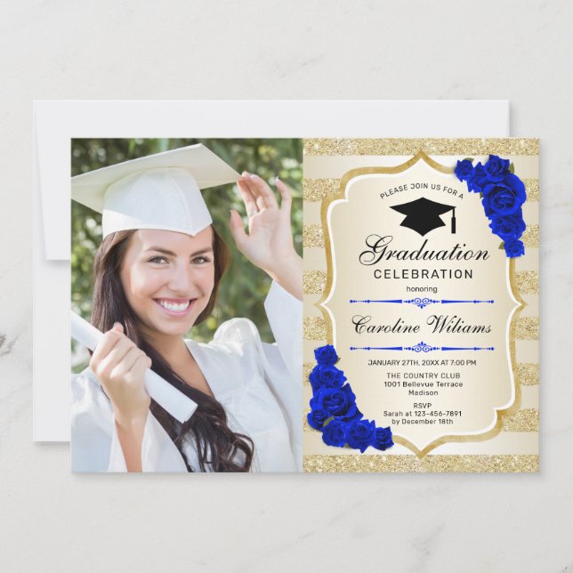 Invitation Graduation Party avec photo - Gold Royal Blue (Devant)