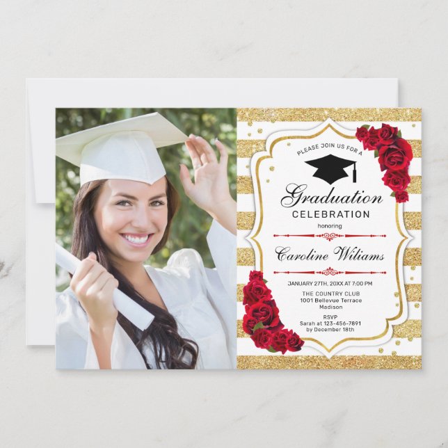 Invitation Graduation Party avec photo - Gold White Red (Devant)