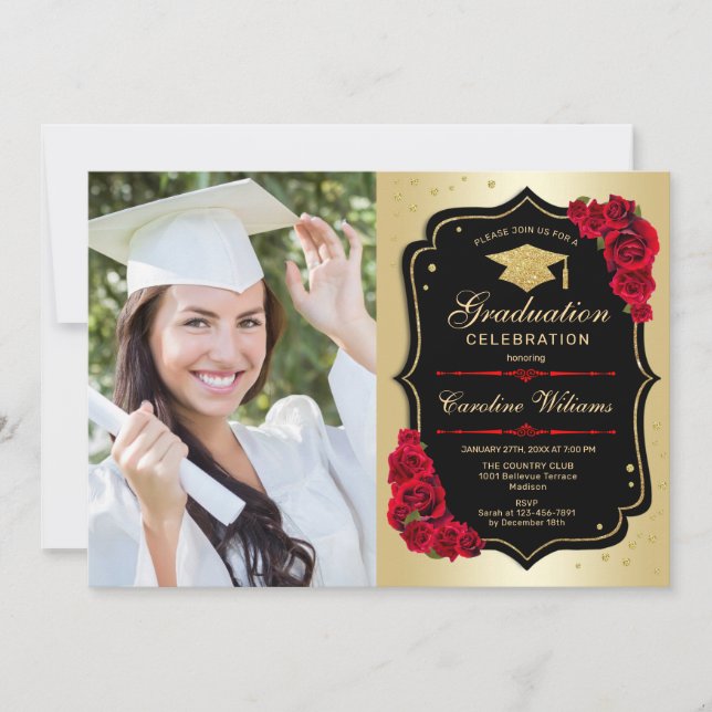 Invitation Graduation Party avec photo - Noir Or Rouge (Devant)