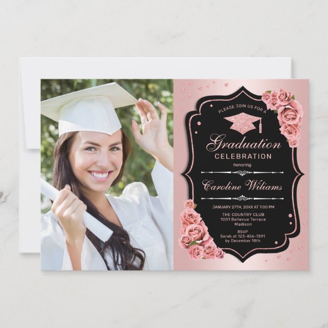 Invitation Graduation Party avec photo - Rose Gold Black (Devant)