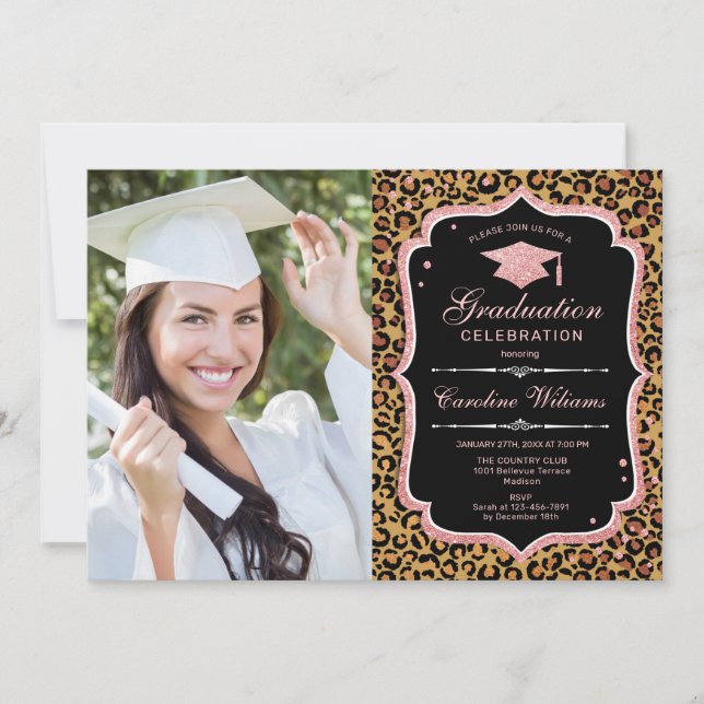 Invitation Graduation Party avec photo - Rose Gold Leopard (Devant)