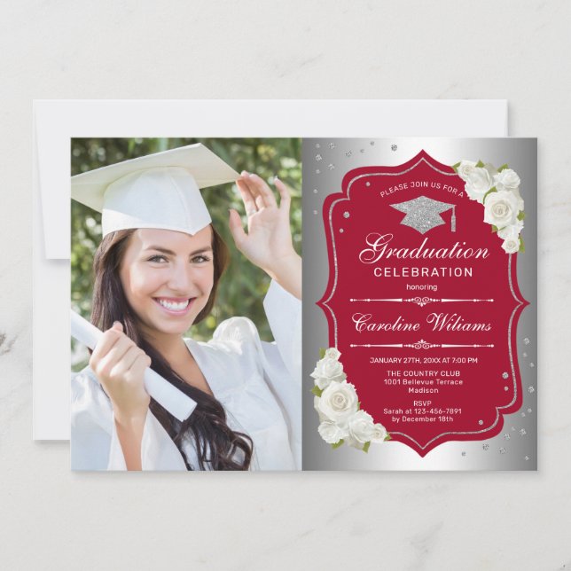 Invitation Graduation Party avec photo - Rouge Argent (Devant)