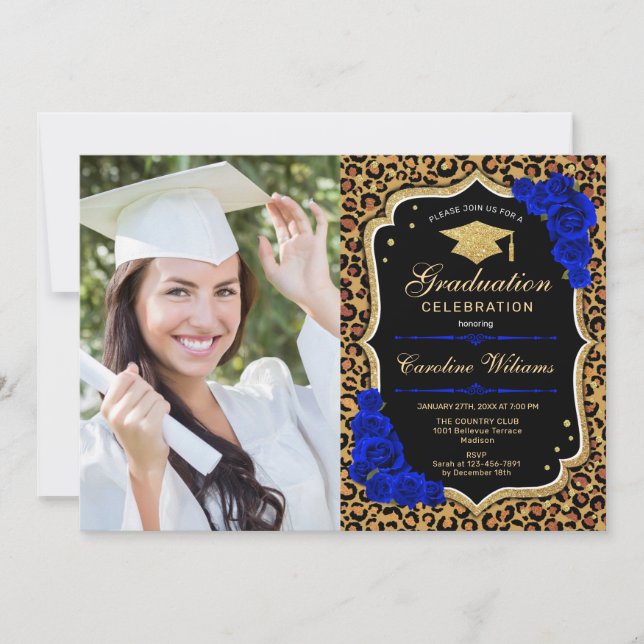 Invitation Graduation Party avec photo - Royal Blue Leopard (Devant)