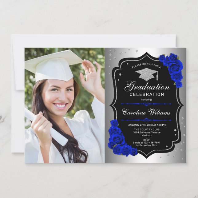 Invitation Graduation Party avec photo - Silver Royal Blue (Devant)