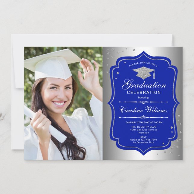 Invitation Graduation Party avec photo - Silver Royal Blue (Devant)