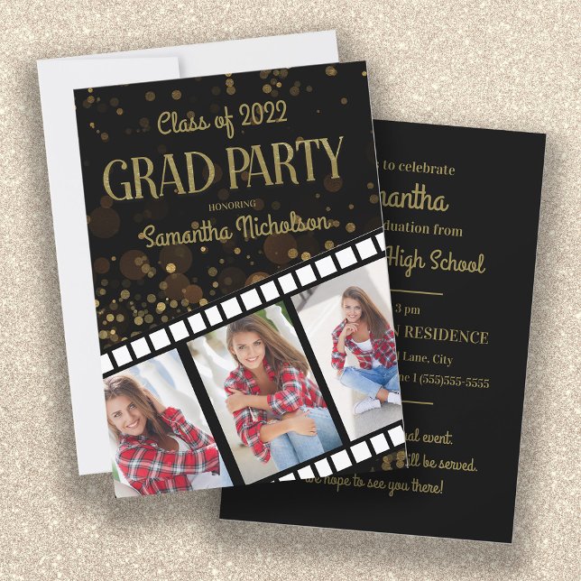 Invitation Graduation Party Black Gold Star 3 Photos 2022 (Créateur téléchargé)