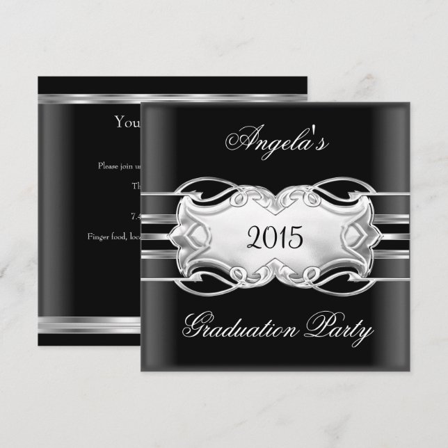 Invitation Graduation Party Black White Silver Jewel Elegant (Devant / Derrière)