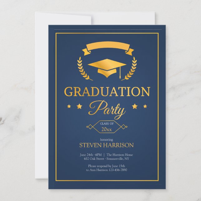 Invitation Graduation Party Bleu et Or (Devant)