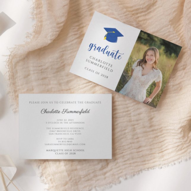 Invitation Graduation Party Blue Gold Casquette Tassel Invita (Créateur téléchargé)