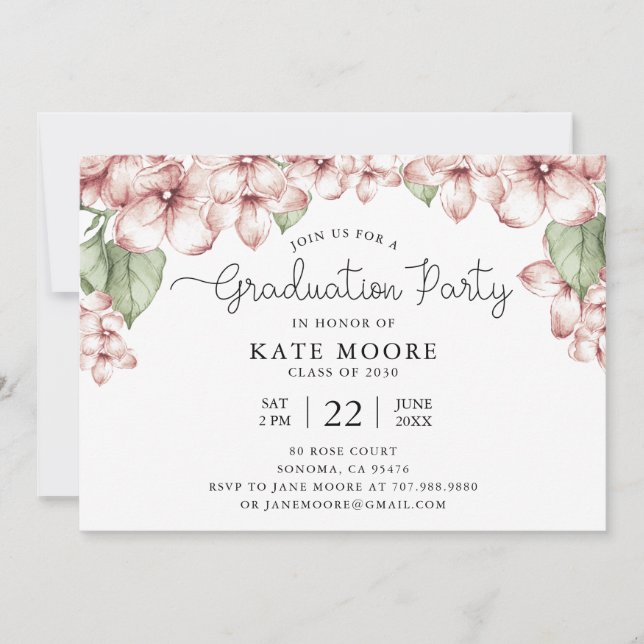 Invitation Graduation Party Blush rose floral botanique (Devant)