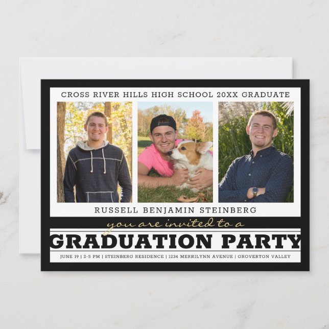 Invitation Graduation Party Bold Stripes 4 Photo Black White (Devant)