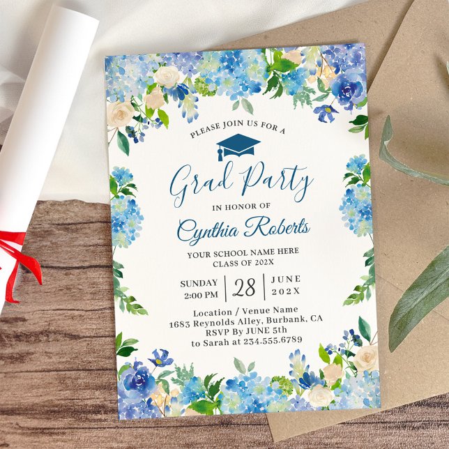 Invitation Graduation Party Chic Blue Hydrangeas Floral (Créateur téléchargé)