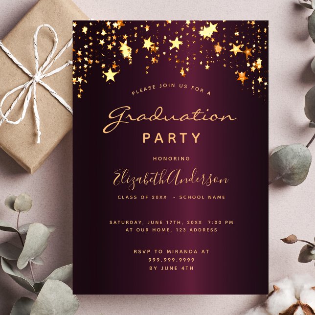 Invitation Graduation party de Bourgogne or stars 2025 luxe (Créateur téléchargé)