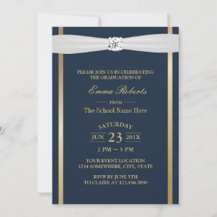Invitation Graduation Party Elégant Marine Bleu & Gold Stripe