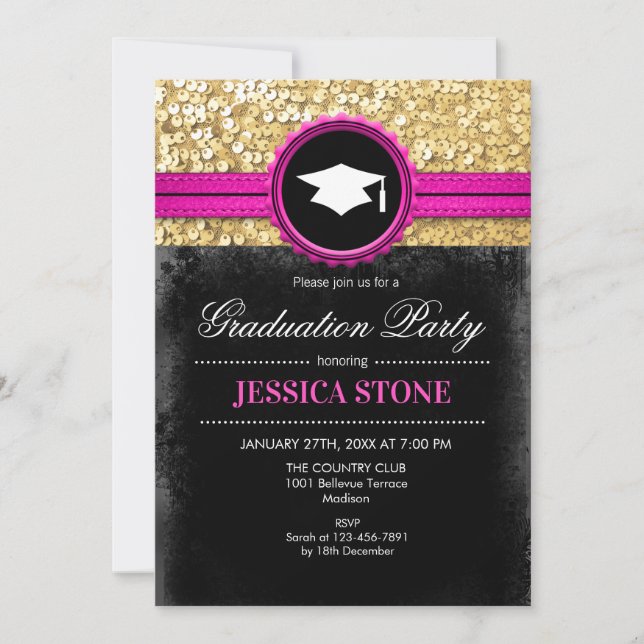 Invitation Graduation Party - Gold Black Rose (Devant)