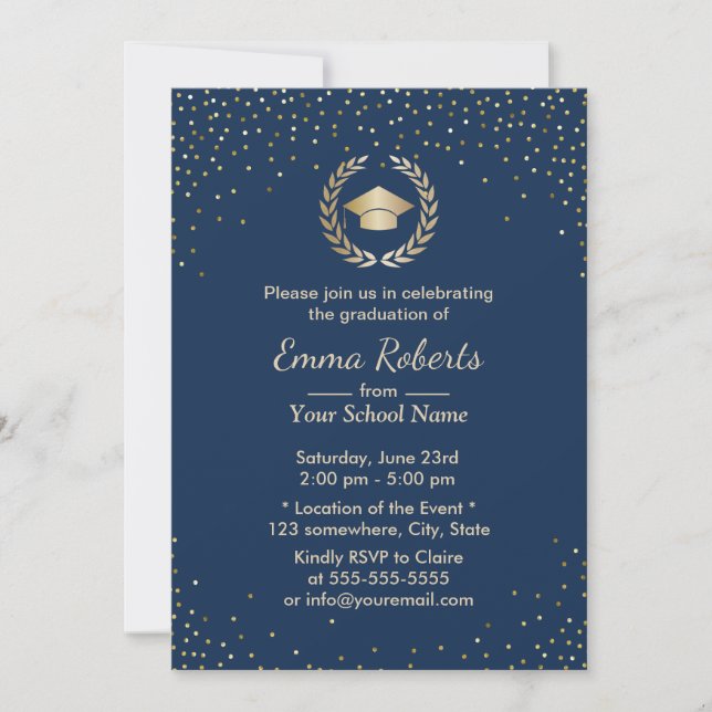 Invitation Graduation Party Gold moderne Confetti Marine Bleu (Devant)