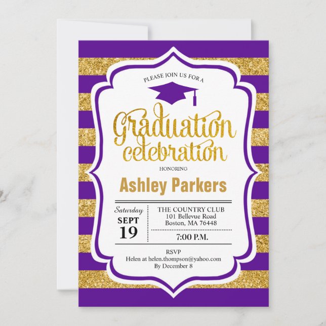 Invitation Graduation Party - Gold Purple Stripes (Devant)