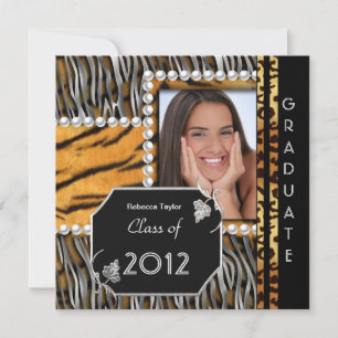 Invitation Graduation Party Grad Black Silver Leopard Zebra