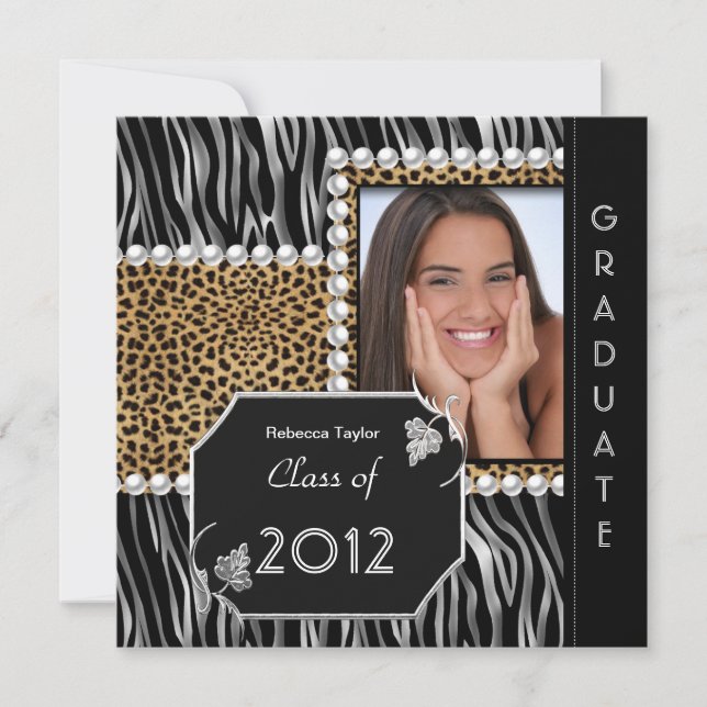 Invitation Graduation Party Grad noir blanc Leopard Zebra (Devant)