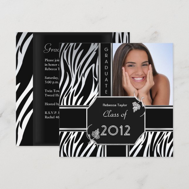 Invitation Graduation Party Grad noir blanc Zèbre animal (Devant / Derrière)