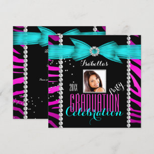 Invitation Graduation Party Grad rose Turquoise bleu Zèbre ph