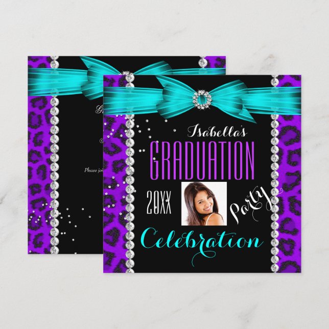 Invitation Graduation Party Grand violet Turquoise bleu léopa (Devant / Derrière)