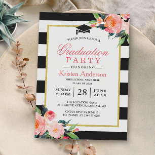 Invitation Graduation Party Moderne Floral Black Stripes