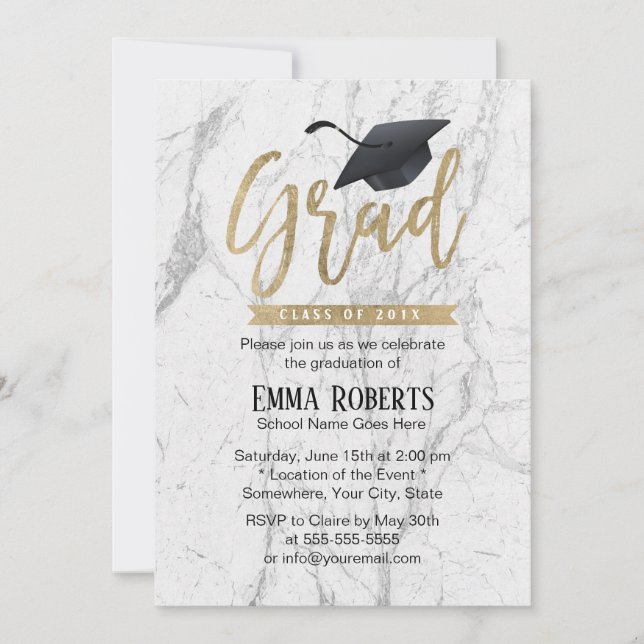Invitation Graduation Party Moderne Marbre blanc Gold Script (Devant)