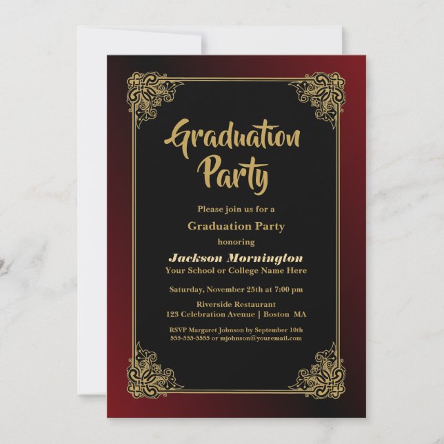 Invitation Graduation Party Noir Rouge avec cadre Or (Devant)