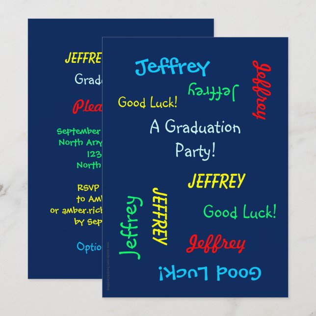 Invitation Graduation Party, Nom personnalisé, Bleu (Devant / Derrière)