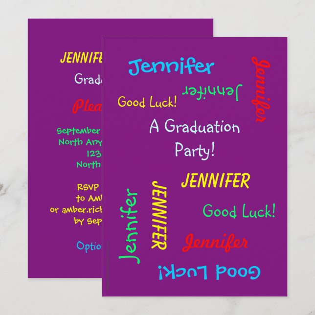 Invitation Graduation Party, Nom personnalisé, Violet (Devant / Derrière)