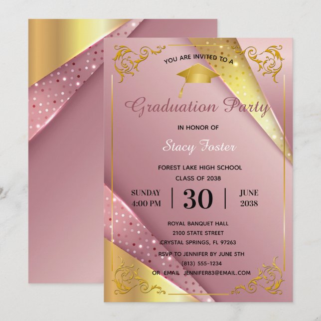 Invitation Graduation Party Parkle rose Satin cadre (Devant / Derrière)