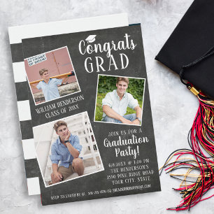 Invitation Graduation Party Photo Collage Chalkboard Stripes