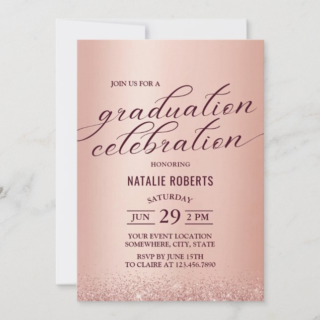 Invitation Graduation Party Rose moderne Typographie d'or (Devant)