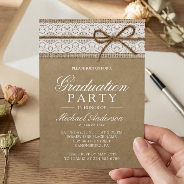 Invitation Graduation Party Rustic Burlap String Bow Lace (Créateur téléchargé)