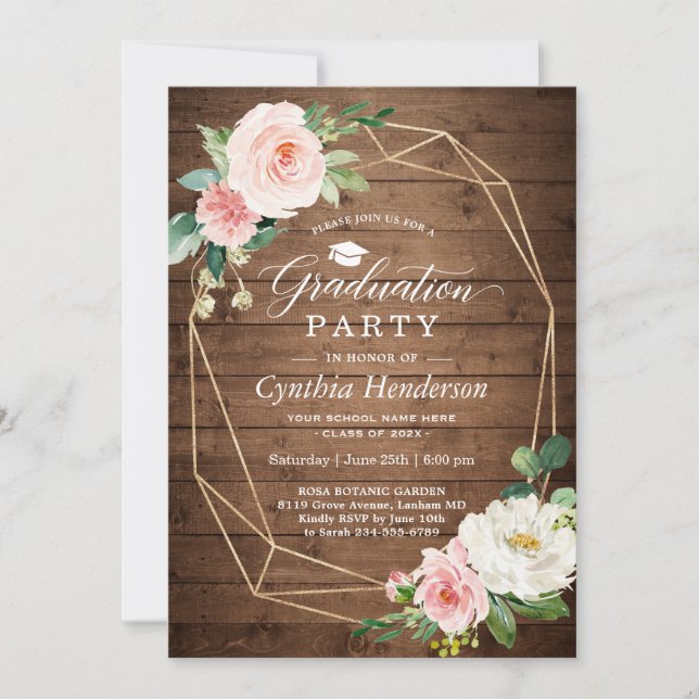 Invitation Graduation Party Rustique Géométrique Blush Floral (Devant)
