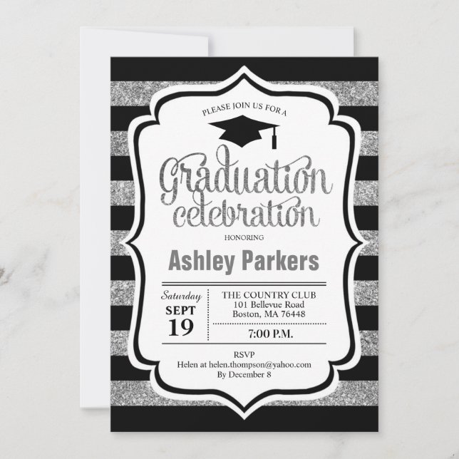 Invitation Graduation Party - Silver Black Stripes (Devant)