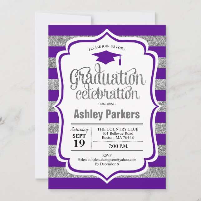 Invitation Graduation Party - Silver Purple Stripes (Devant)