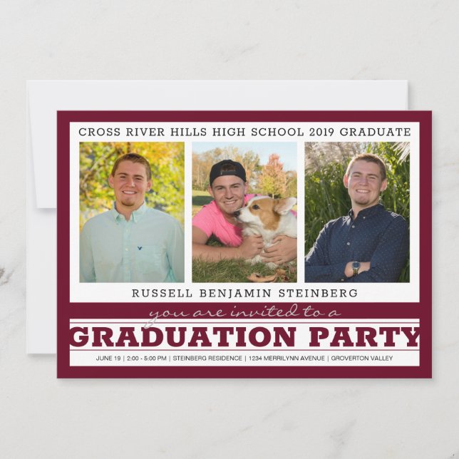 Invitation Graduation Party Trois photos Maroon & Silver (Devant)