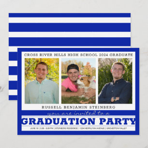 Invitation Graduation Party Trois Photos Royal Blue & Silver