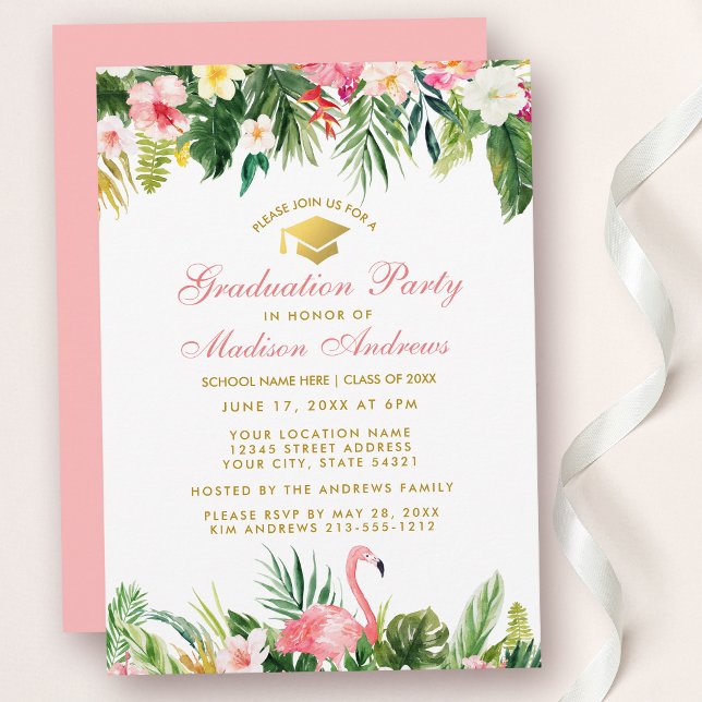 Invitation Graduation Party Tropical Floral Pink Gold (Customize to change text color, text size, style or color of back of card.)