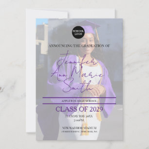 Invitation Graduation personnalisée en violet avec photo arri