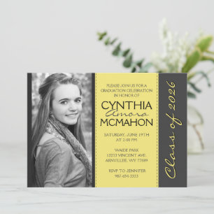 Invitation Graduation photo en gris clair et jaune rayé