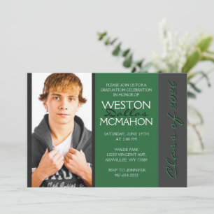 Invitation Graduation photo en vert foncé et gris rayé