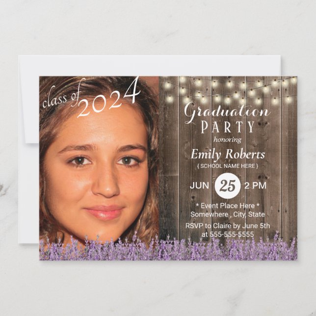 Invitation Graduation photo Lavande de bois rustique Floral (Devant)