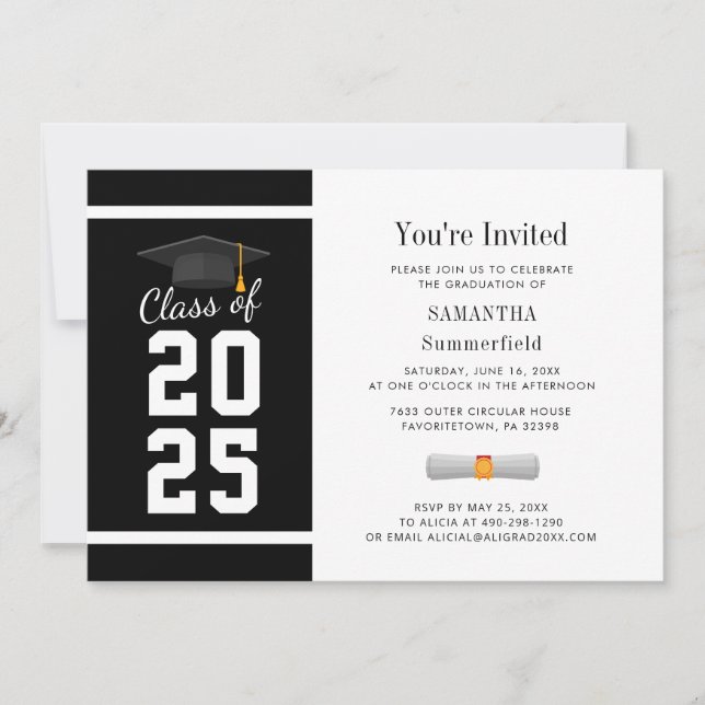 Invitation Graduation photo moderne noir blanc noir 2025 (Devant)