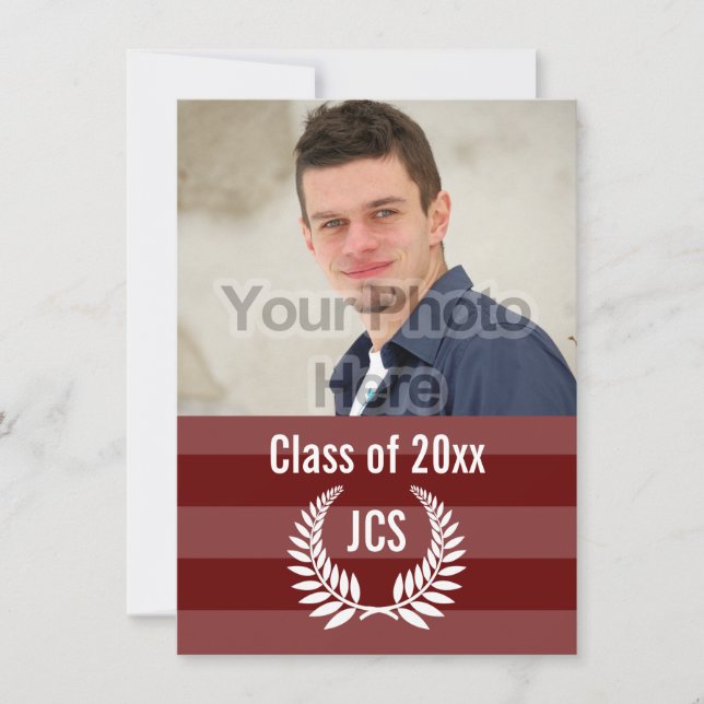 Invitation Graduation photo Monogramme Laurel Red Maroon Stri (Devant)