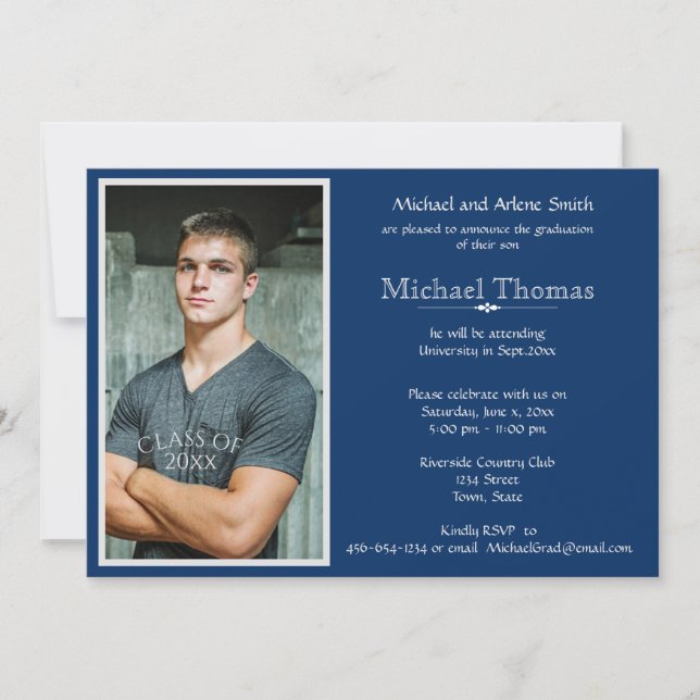 Invitation Graduation Photo personnelle Marine Bleu & Blanc (Devant)
