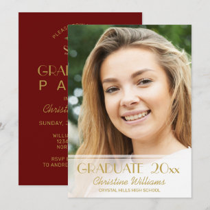 Invitation Graduation Photo Red Gold Script 2023 Grad Party